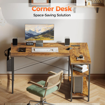 Mericonia Small L Shaped Computer Desk with Power Outlets, Reversible Gaming Desk with Storage Shelves, Corner Gamer Desk Table, Study Writing Table