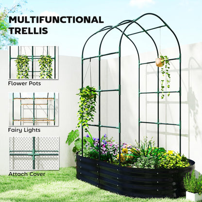 Outsunny Galvanised Raised Garden Bed with Arched Trellis, 5 x 3 x 6ft Metal Outdoor Planter Box with Open Bottom Design, Modular Raised Bed with Gloves for Vegetable Flower, Easy Assembly, Dark Gray