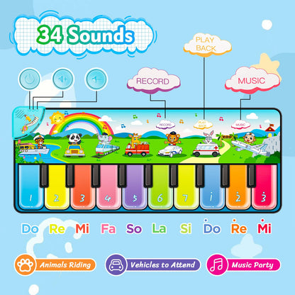 FUCEORUY Piano Mat Musical Toys for Toddlers 1-3, Sensory Learning Toy Floor Piano Playmat Toys for 1 2 Year Old Boy Girl Gifts, with 7 Animal, 7 Vehicle & 10 Songs Sound (Kids Edition)