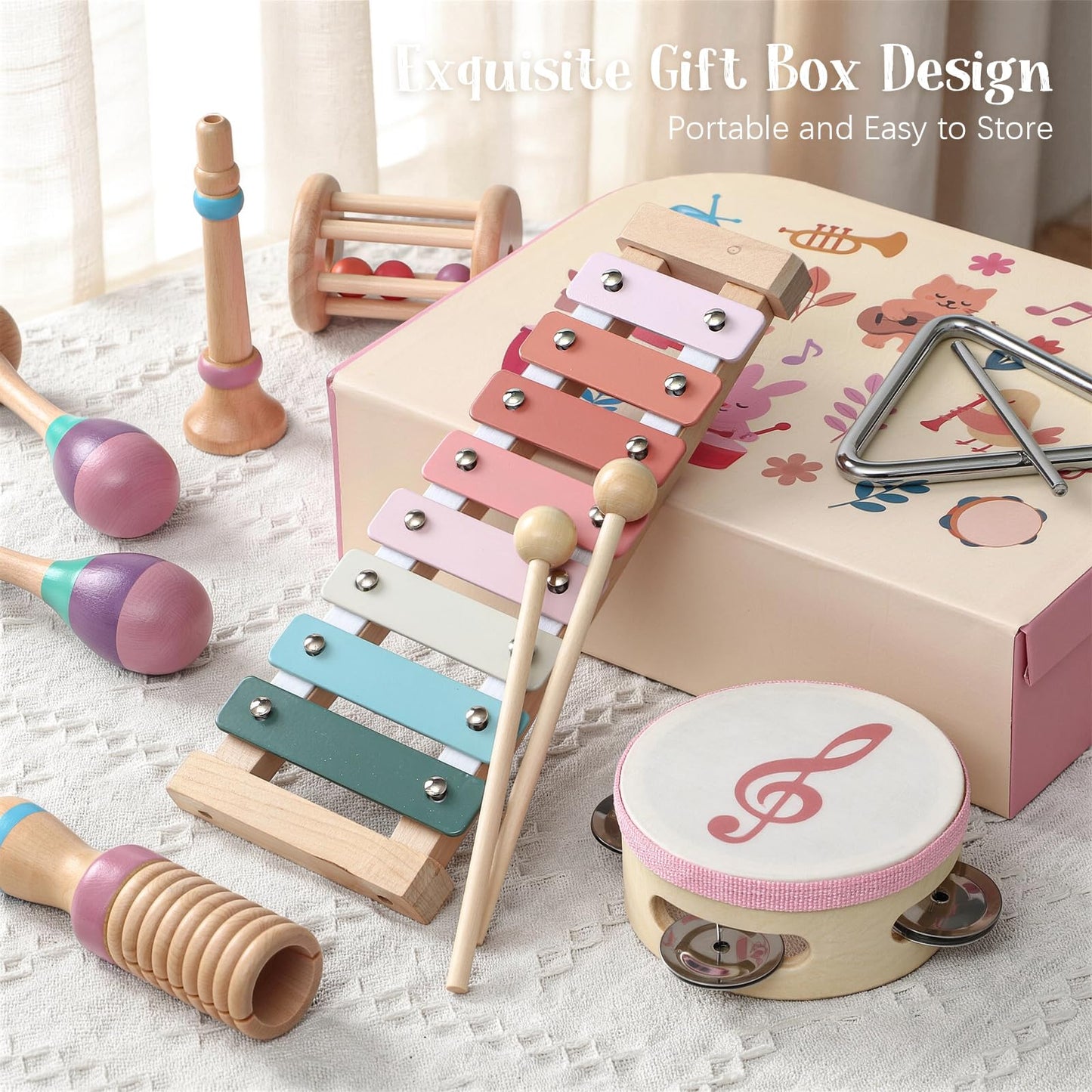 Toyssa Baby Musical Instruments, Montessori Wooden Musical Toys for Toddlers 2-3 with Xylophone Maracas Tambourine and Gift Box Kids Preschool Educational Birthday Gifts for 2 3 4 5 Year Old