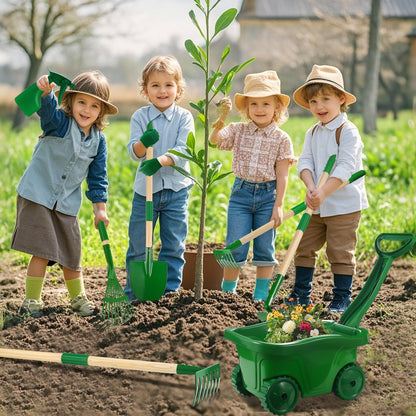 Duckura Kids Gardening Tools Set - 10pcs Wheelbarrow Set for Kids with Shovel, Rake, Leaf Rake, Summer Outdoor Yard Digging Weed Toys, Easter Birthday Gifts for Boys Girls Age 2 3+ Years(Green)
