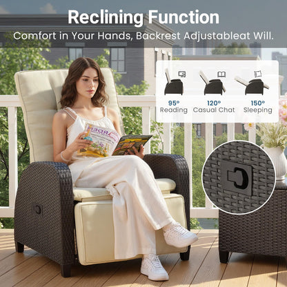 Green4ever Outdoor Patio Recliner with Adjustable Backrest and Footrest, All-Weather Wicker Patio Chair, 160° Lay Flat Patio Reclining Lounge Chair for Garden Backyard, Beige