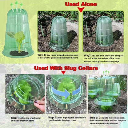 Fshow Upgraded Garden Cloches for Plants, Reusable Bell Plant Protector, Garden Protection from Animals Snails Birds Chickens Insect， Compatible with Slug Collar (Green 10 Pack)