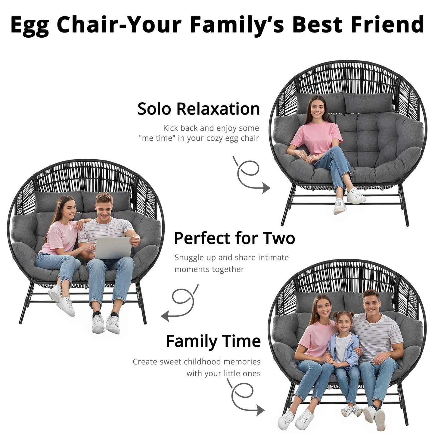 IRONCK 2 Person Egg Chair Outdoor Indoor, Oversized Double Wicker Lounge Chair, Thickened Padded Cushions and Headrests, 680Lbs Egg Loveseat for Patio, Balcony, Living Room, Porch, Gray
