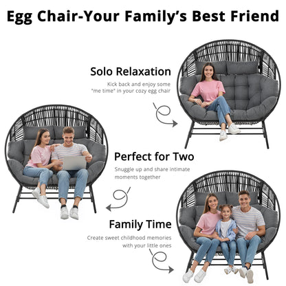 IRONCK 2 Person Egg Chair Outdoor Indoor, Oversized Double Wicker Lounge Chair, Thickened Padded Cushions and Headrests, 680Lbs Egg Loveseat for Patio, Balcony, Living Room, Porch, Gray