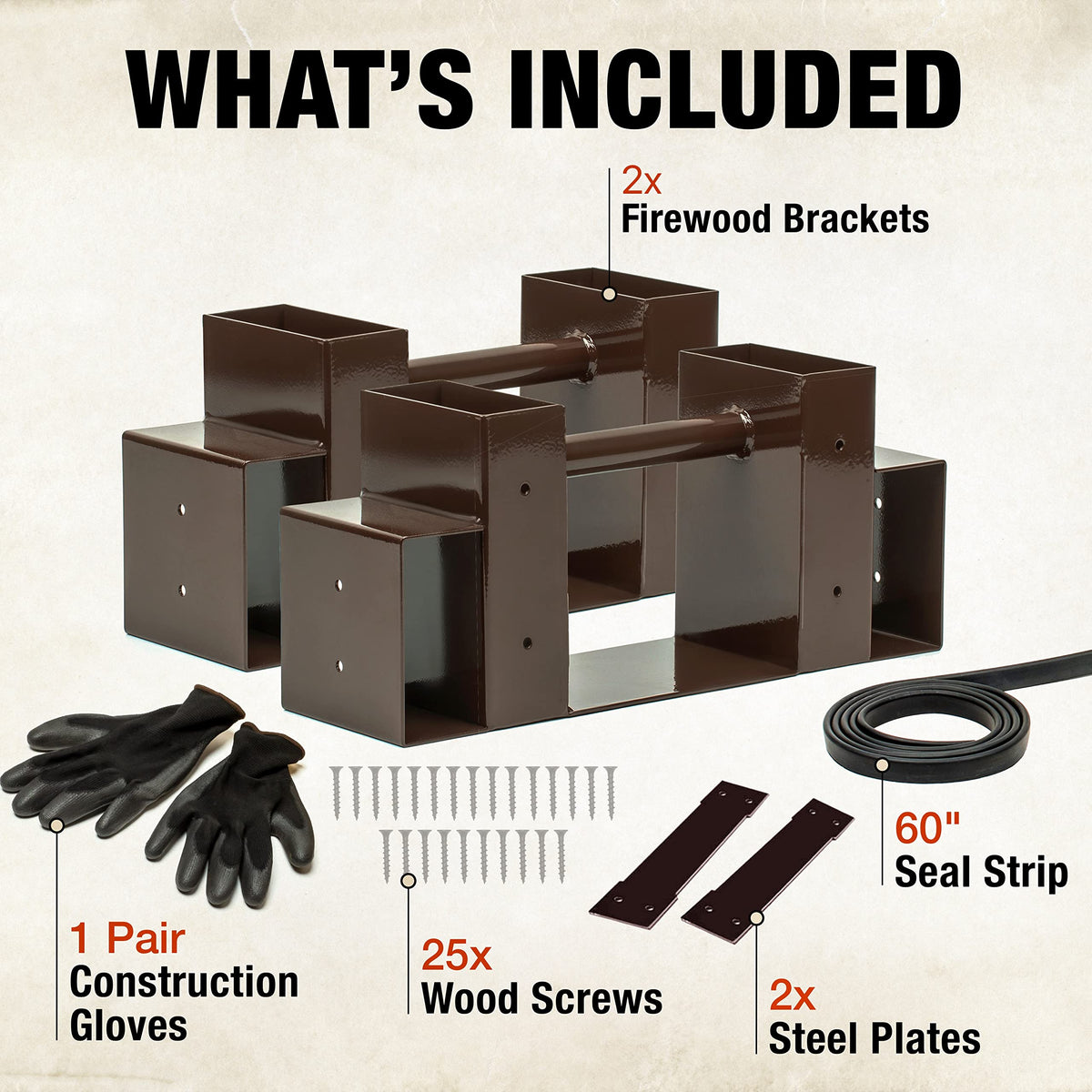 TIDYBOSS 2 Pack Firewood Rack Outdoor | 2x4 Brackets for Wood | Lumber Storage Rack Log Holder | Adjustable to any Length with Seal Strip, Gloves, Steel Plates and Screws (Dark Brown)