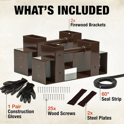 TIDYBOSS 2 Pack Firewood Rack Outdoor | 2x4 Brackets for Wood | Lumber Storage Rack Log Holder | Adjustable to any Length with Seal Strip, Gloves, Steel Plates and Screws (Dark Brown)