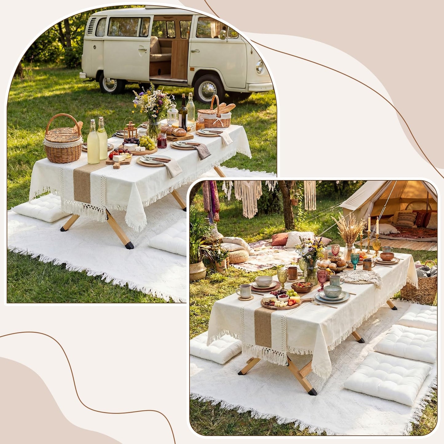 Novabright 10 Pcs Picnic Kit Folding Picnic Table 59'' x 20.5'' Large Outdoor Boho Blanket 91'' x 71'' Beige Table Runner 6 Floor Pillows Cushions Woven Cotton Oversize Washable for Camp Wedding