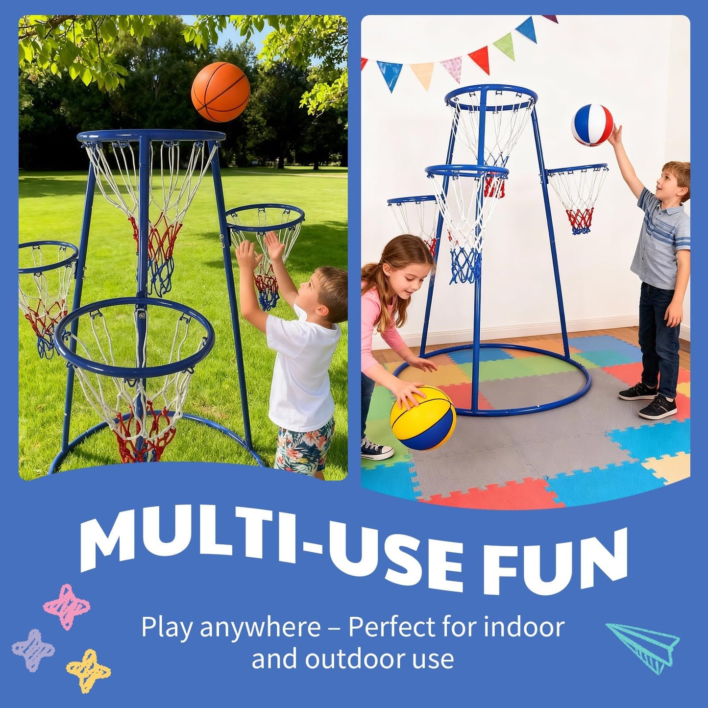 Garvee 4 Hoop Basketball Set for Toddlers, Indoor & Outdoor Play, Preschool Toy for Ages 3+, Includes 4 Basketballs and Air Pump, Fun Basketball Game for Kids