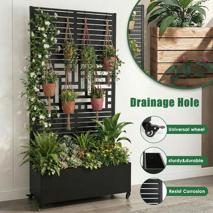 Metal Planter Box with Trellis Standing Planter Box for Climbing Plants/Vines Raised Garden Bed On Wheels 70.87x35.43x15.75 Inch