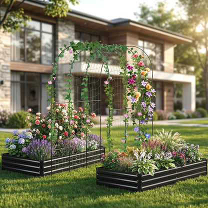 DTIG Galvanized Raised Garden Bed with Trellis, 6×3×1 FT 2 Pack Outdoor Garden Bed, Upgraded 4×3 Support, Black