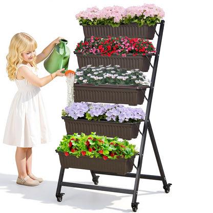 VECELO 5-Tier Vertical Garden Bed, Freestanding Elevated Raised Garden Planter with 5 Garden Planter Boxes, Lockable Caster Wheels, Drainage System, for Plants, Vegetables, Flowers, Herbs