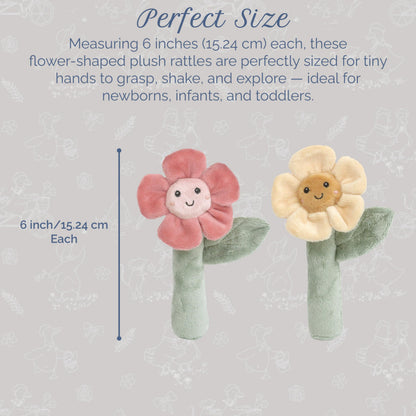 MON AMI Soft Baby Rattle Toy Set of 2 Pcs | 6-Inch Flower Shaped Plush Stuffed Rattle for Newborns | Sensory Development Toy for Infants & Toddlers | Ideal Gift for Baby Showers & Birthdays