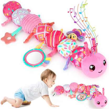 Baby Girls Toys 6-12 Months - Infant 6-in-1 Sensory Music Animal Stuffed Caterpillar Toy with Rattle & Mirror Crinkle for Tummy Time, Newborn 0 3 6 9 12 18 Shower Gifts Soothing Companion Toys, Pink