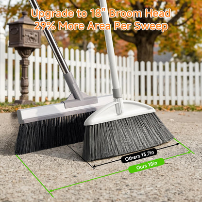 Keyloland 18" Extra Wide Heavy Duty Broom, Aluminum Reinforced Commercial Broom for Driveway and Garage, 60" Adjustable Handle, 29% More Sweeping Area for Concrete, Patios, Decks, Workshops