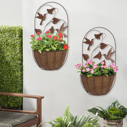 BAYN 2PKs Wall Hanging Planter Decor Art with Hummingbirds, Metal Wall Mounted Planters Indoor Outdoor Wall Planter for Succulent Herb Home Garden Yard
