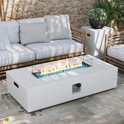 UPHA 56-inch Outdoor Propane Gas Fire Pit Table 50000 BTU Iron Rectangle Firepit for Outside Patio with Tank Hidden Table, Wind Guard, Removable Lid, Blue Glass Rocks, Rain Cover, White