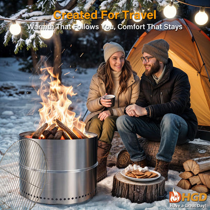 HGD 19.5 Inch Smokeless Firepit with Grill, Portable Wood Burning Fire Pit for Camping & Backyard, Stainless Steel Outdoor Fireplace with Travel Bag, Easy Setup & Compact Storage - Foldable Design