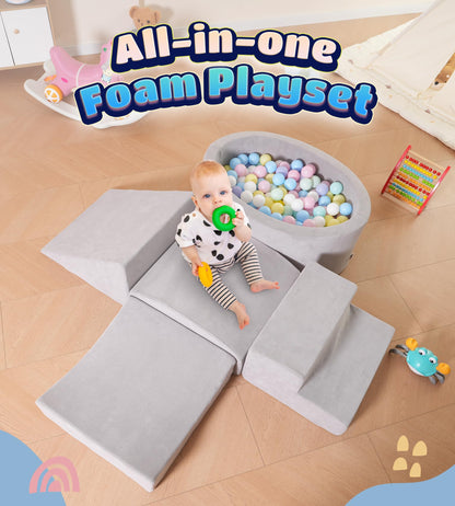 Elftopia Foam Climbing Blocks with Ball Pit Designed for Toddlers Aged 1-3 -Great for Indoor Crawling, Inside Foam Playground Set for Little Ones to Active Playing -(Balls NOT Included) Grey