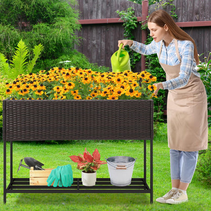 HAPPYGRILL Raised Garden Bed, Rattan Planter Raised Bed with Legs, Bottom Storage Shelf, Removable Liner, Drainage System, Wicker Elevated Planter Box w/Legs for Vegetables Flowers (40” x 12” x 28”)
