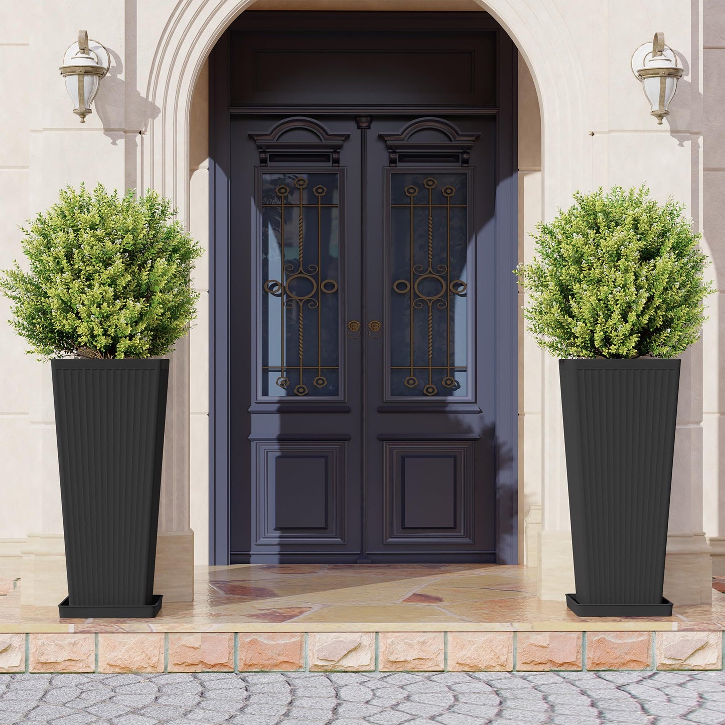 seethmi Tall Planters for Outdoor Plants Set of 2, 23.6" Large Taper Flower Plant Pots with Drainage Hole and Drainage Trays, Weather-Resistant Plastic planters for Patio, Porch, Garden, Black