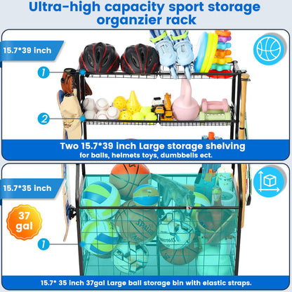Kinghouse Sport Equipment Organizer for Garage, Steel Basketball Rack with Bat Holder and Hooks, Easy Assembly Storage for Balls, Kids' Toys, Workout Gear, Home Gym, Outdoor