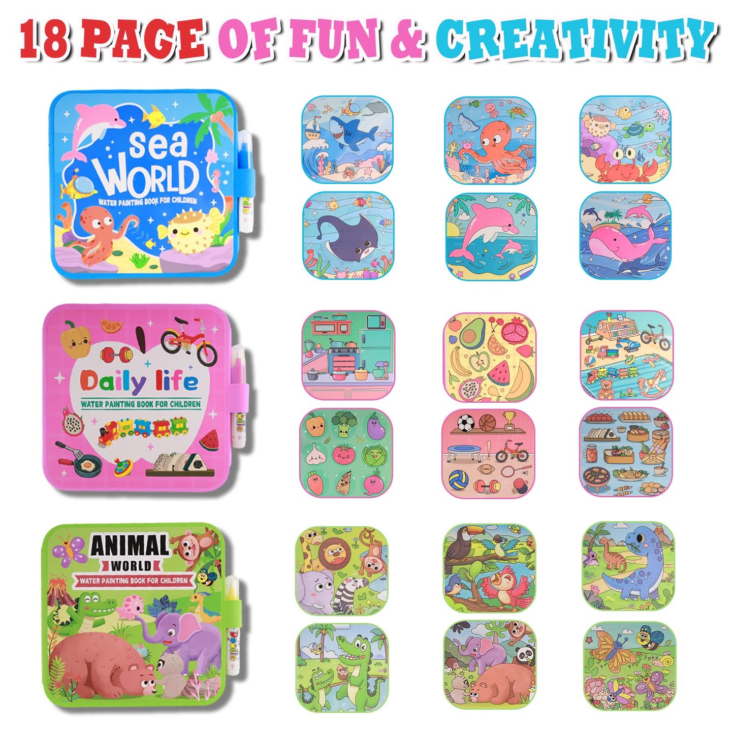 YECHISY Reusable Water Painting Books for Kids: 3 Pack Mess-Free Magic Water Coloring Books - Paint with Water Books, No Mess Coloring Travel Activity Toys for Toddlers Ages 3+