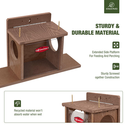 Kingsyard Squirrel Feeder Box for Outside, Recycled Plastic Squirrel Feeder Box with Corn Cob Holders, Easy to Refill & Clean, Weather-Proof (Brown)