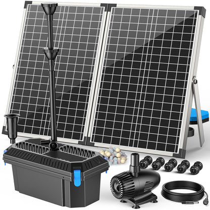 Antfraer 70W Solar Pond Filter with Water Pump, Solar Fountain Pump with Pond Filter Adjustable Flow, Pond Filter Box with Filter Medias for Outdoor Ponds Fish Tank Waterfall Water Features