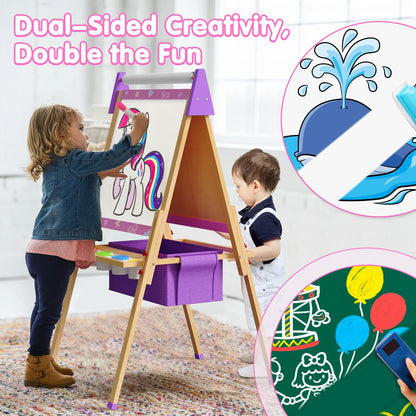 Art Easel for Kids, Adjustable Standing Wooden Toddler Easels, Kids Whiteboard & Blackboard with Paper Roll, Dry Erase Board, Drawing and Painting for Aged 2-4, 5-7, 8-12, Art Supplies Included