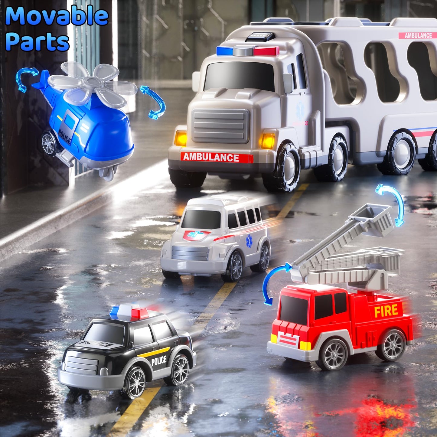 KIZONLY Ambulance Truck Toys Set for Kids Toddlers 1-3 3-5 Years Old, Carrier Truck Playset with Toy Cars, Light and Sound, City Learning Toys for Toddlers, Birthday Gifts for Boys Girls Aged 2-4 4-8
