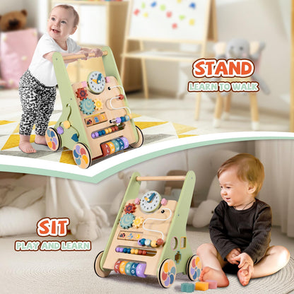 BAUTIA Wooden Baby Walker for 6-12 Months, Montessori Walker Push Toy for Toddlers Learning to Walk, Push Walker Baby Activity Center for Boys and Girls