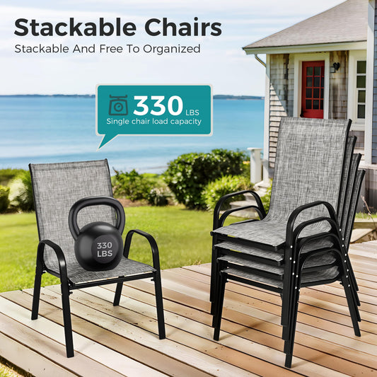 Pamapic Outdoor Dining Sets for 6, Rectangular Steel Slat Table with 6 Textilene Chairs, 7 Piece Patio Table and Chairs Set with Umbrella Hole for Patio, Garden, Backyard and Poolside (Grey)