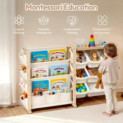 Fodoss Book Shelf for Kids Rooms - Toy Storage Organizer with Bookshelf, Solid Wood Kids Bookshelf with 7 Bins, Side Storage Pockets, Large Toy Organization for Nursery, Natural Pine