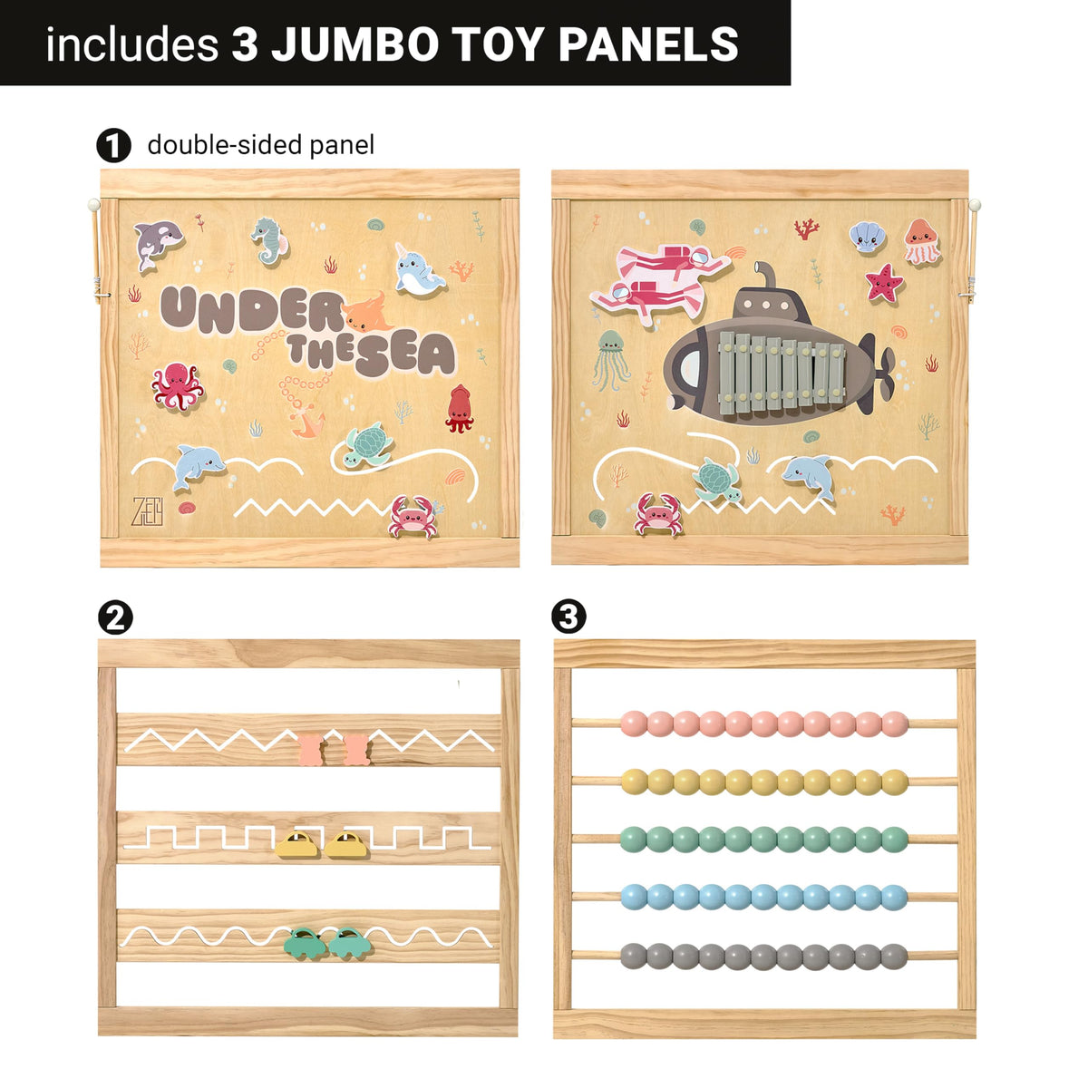Wooden Playpen Extra Large for Toddlers and Babies - Under The Sea Theme Toy Design - (8/10) Wood Panels - Foldable and Adjustable Baby Play Yard- Extra Large Baby Playpen (10-Panels)