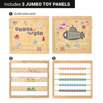 Wooden Playpen Extra Large for Toddlers and Babies - Under The Sea Theme Toy Design - (8/10) Wood Panels - Foldable and Adjustable Baby Play Yard- Extra Large Baby Playpen (10-Panels)