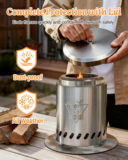 YEFU Tabletop Fire Pit 7.5 x 5.5 in, Low Smoke Camping Stove for Outdoor & Patio, Fueled by Pellets or Wood, Safe Burning Table Top Firepit, with Travel Bag & 2 Mini Sticks & Fireproof Mat, Silver