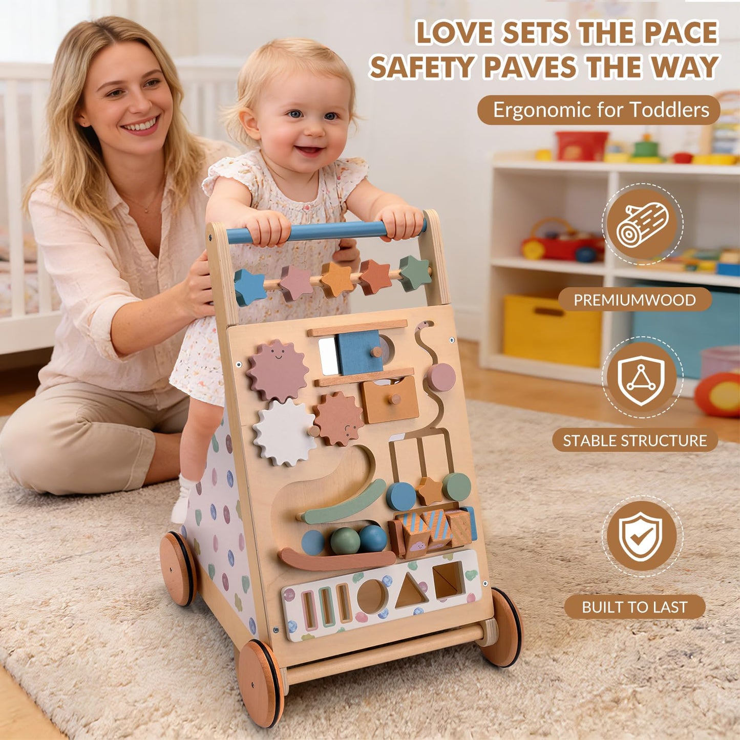 Montessori Safe Wooden Baby Walker, Adjustable Speed Baby Push Walker for Girls and Boys, Morandi Activity Center Toy for Kids' Development, Ideal Gift for Toddlers