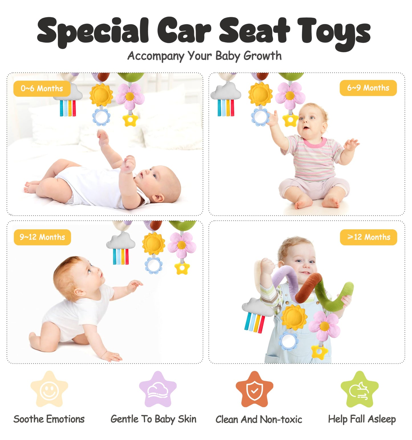Stuffed Spiral Baby Car Seat Toys, Best Newborn Shower Gifts, Soft Infant Essentials Must Have Stroller Hanging Toys (Vibrant Nature)