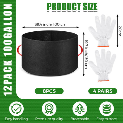 Nuenen 8 Pack 100 Gallon Plant Grow Bags Bulk Breathable Nonwoven Fabric Pot with Handles Heavy Duty Nursery Vegetable Pots with Gloves for Garden Vegetables Potato Plants Flower Growing Planting