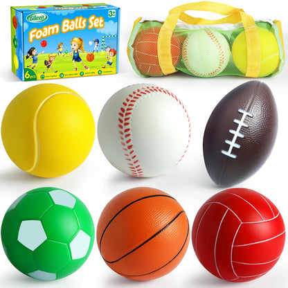 Billeeit Mini Sports Balls Set for Toddler 1-3, Sports Bag for Kids, Include 1 Each of 3.5" Foam Soccer, Tennis Ball, Basketball, Football, Baseball, Volleyball, Fun Baby Ball Toys, Set of 6