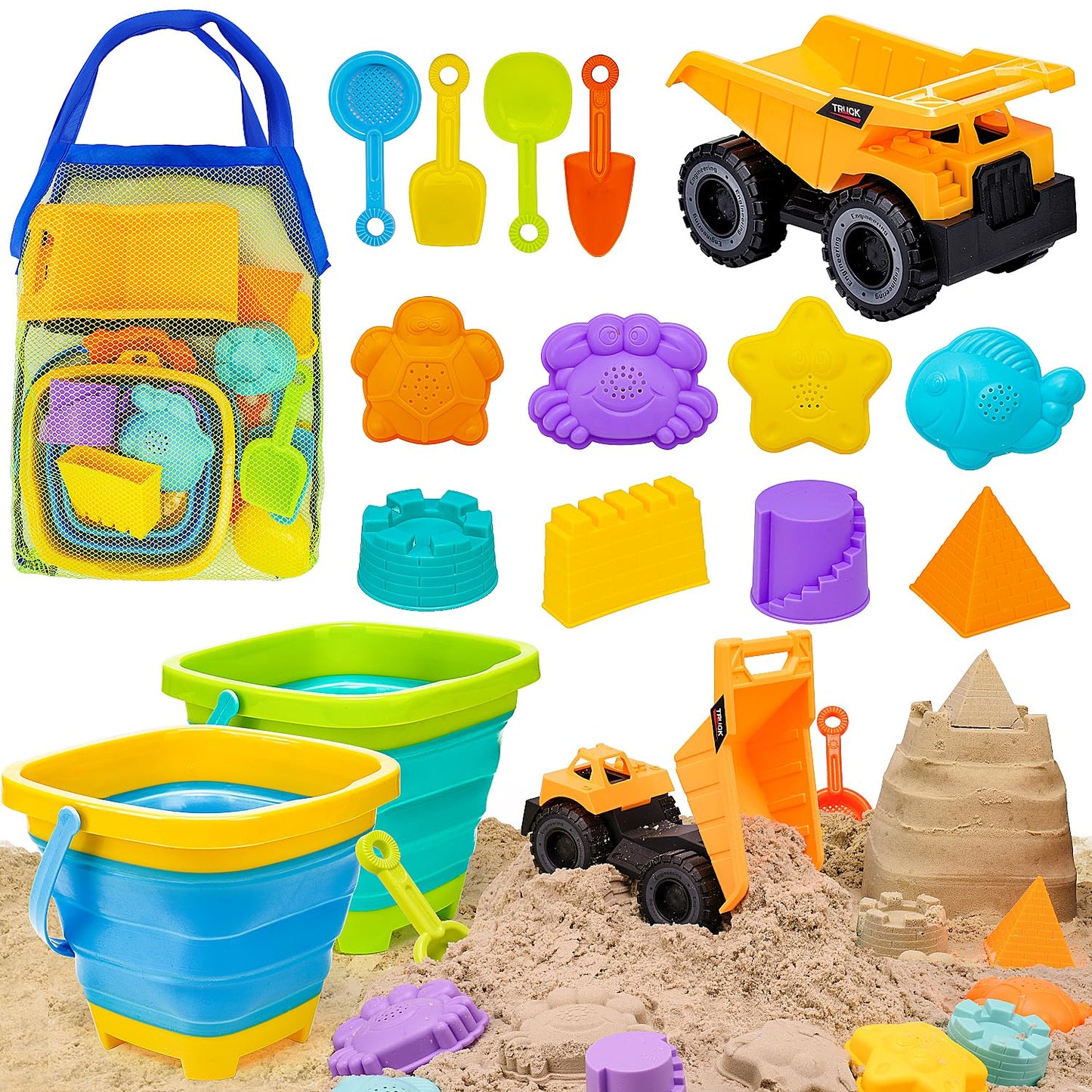 AuntyFey Beach Sand Toys for Toddler 1-3 with Trucks, 2 Collapsible Beach Toys for Kids Ages 4-8, Sandbox Toys for Toddler, Collapsible Beach Sand Buckets with Castle Sand Molds Shovels