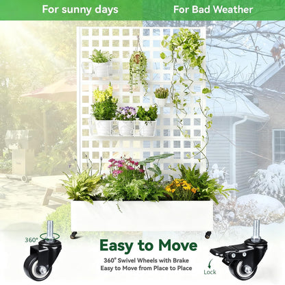 Metal Planter Box with Trellis, 71"x47"x16" Raised Garden Bed Outdoor with Privacy Screen & Lattice Trellis & Lockable Casters, Vertical Garden Box with Drainage Hole for Climbing Plants, Vegetable