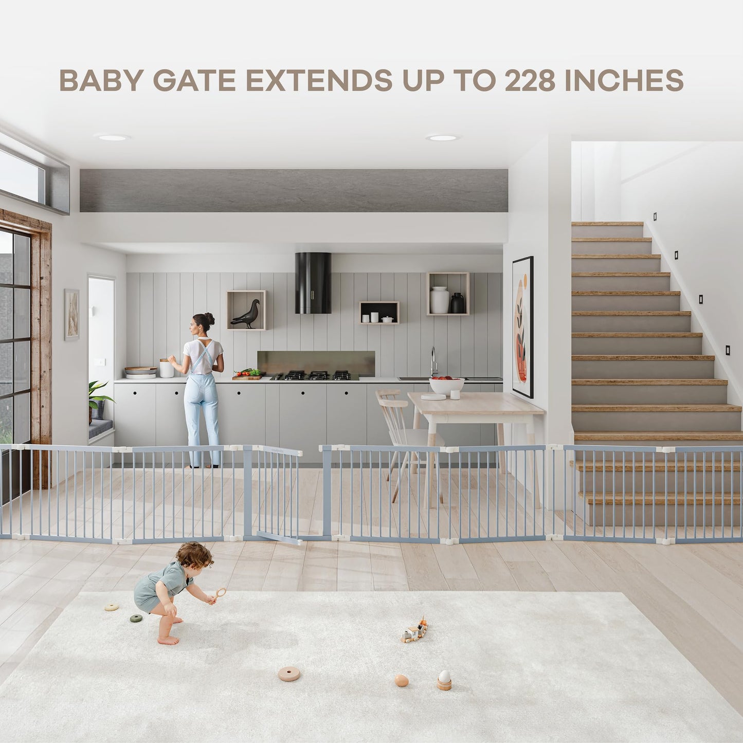 Comfy Cubs Baby Gate Playpen - 57 x 57 x 25 in, Extends Up to 228” - Pine Wood Foldable Playpen with Child-Proof Lock - Easy Assembly Baby Fence Play Area for Babies & Toddlers - Pacific Blue