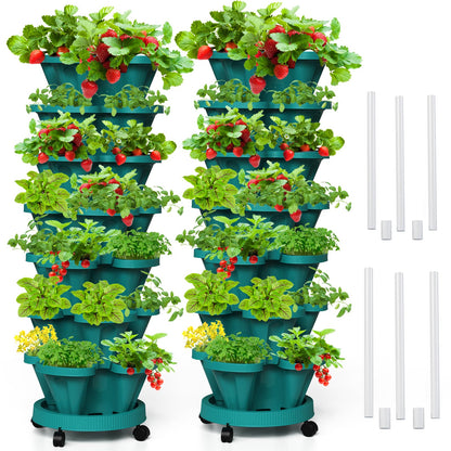 Tectsia Strawberry Vertical Planters Tower Garden 2 Pack, 7 Tiered Stacking Herb Vegetable Planter with Support Pole Indoor and Outdoor - Hunter Green