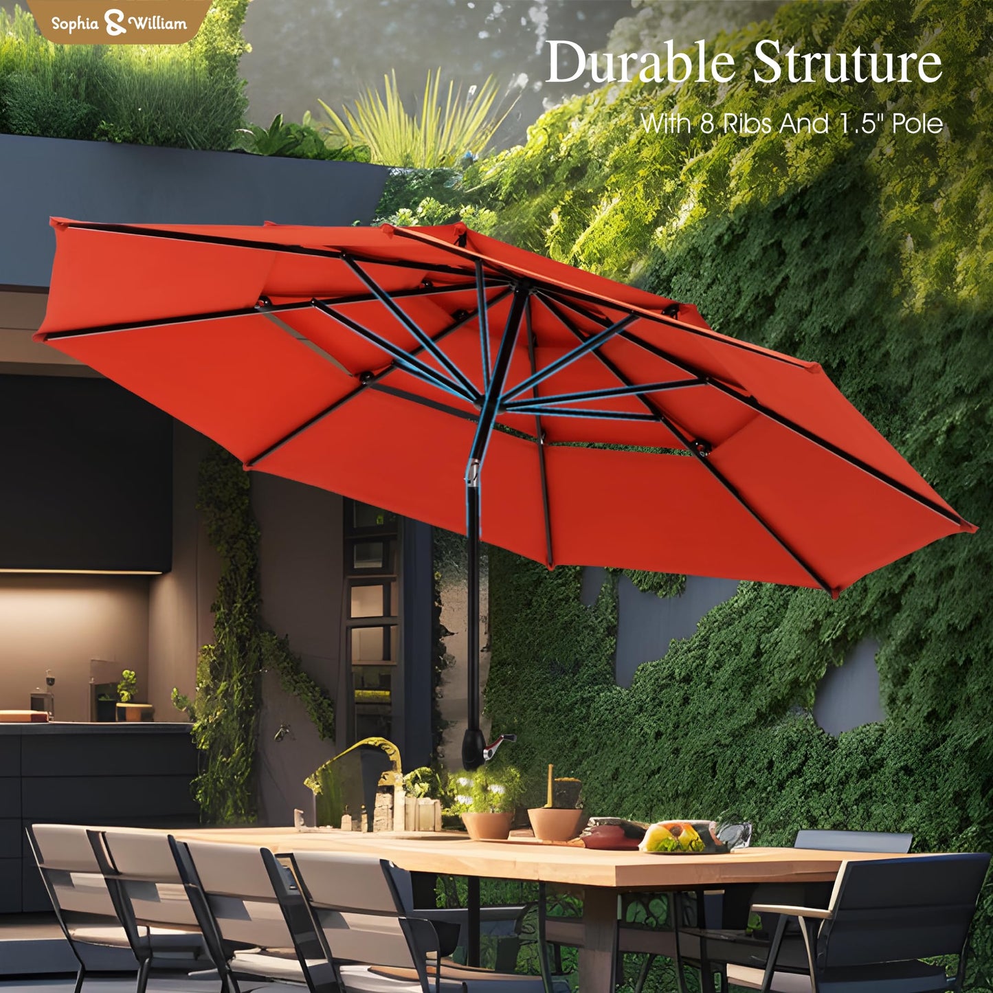 Sophia & William 10ft 3 Tier Auto-tilt Patio Umbrella,Wind Resistent,Outdoor Patio Umbrellas Double Vented Umbrella with Crank for Pool Garden Backyard, Red