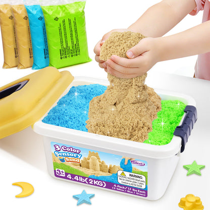 Billeeit 4.4 lbs Play Sand w/Storage Sandbox, 4-Pack(2 Yellow, 1 Blue, 1 Green) Sensory Bin Refill Sand for Shaping, Molding, Pressing, Scooping, Rolling, Self-Sticking Sand Sensory Toy for Kids 3+