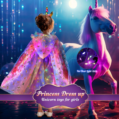 Fedio Princess Dress up for Girls,Unicorn Light up Princess Cape Set,Light up Princess Dress with Unicorn Toys for Girls 3-8 Halloween Pink