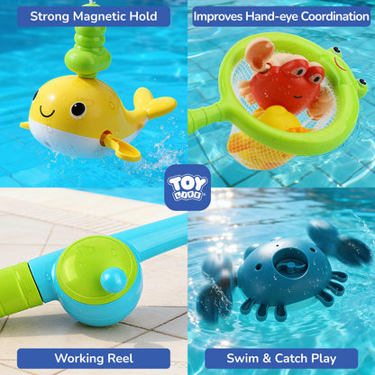 TOY Life Bath Toys for Kids Ages 1-3, Magnetic Fishing Game with Mold Free Wind Up Bath Toys for Toddlers 1-3 & Toy Fishing Pole & Fishing Net, Water Table Pool Fun Bathtub Toys for Baby Infant