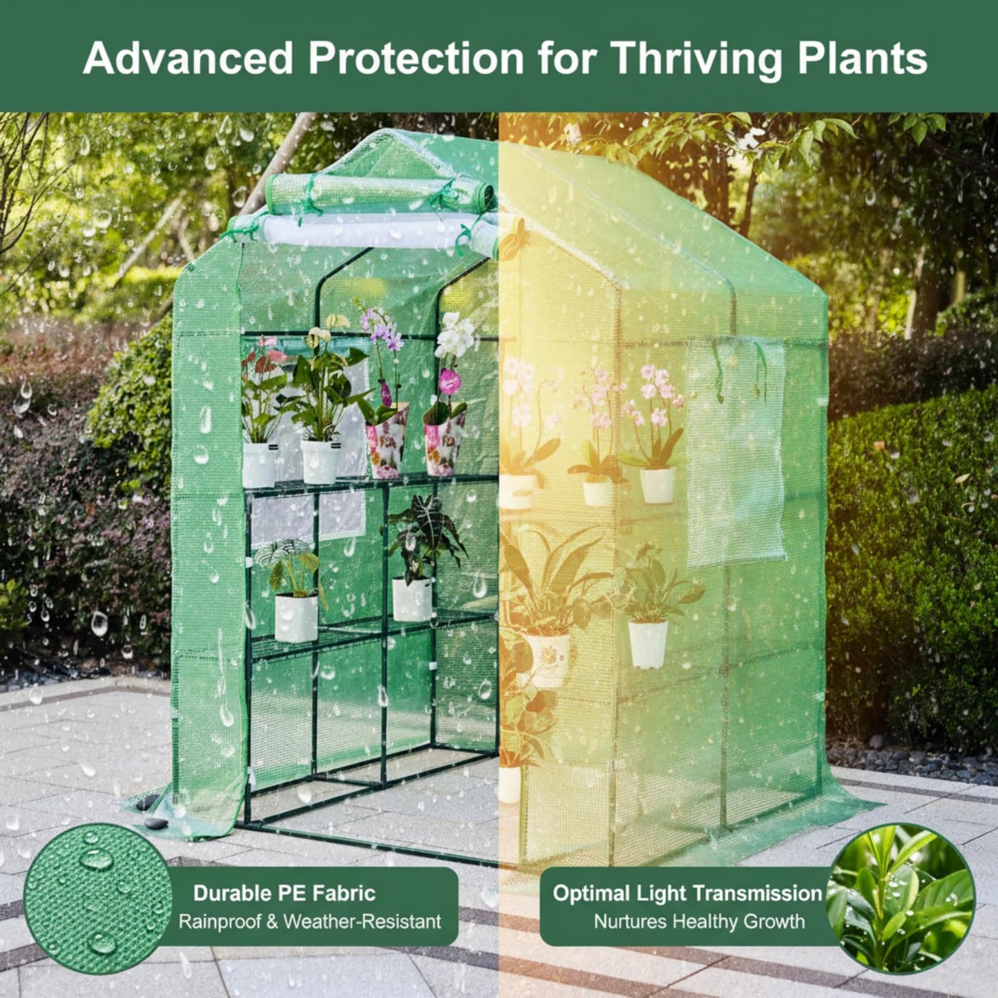 Solayis 56"×55"×74" Walk-in Garden Greenhouse | Thickened PE Cover & Heavy Duty Steel Frame | 3 Tiers 4 Shelves, Mesh Door & Windows | Portable for Indoor Outdoor Use (Green)